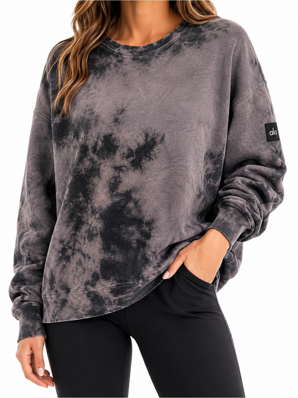 Alo Yoga Tie Dye Crewneck Sweatshirt Sz S Charcoal Gray EUC